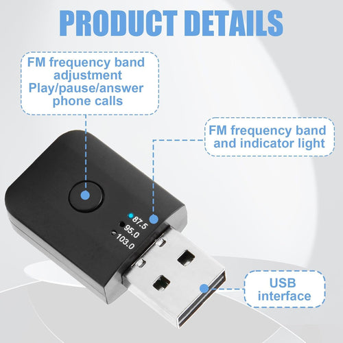 Car Bluetooth 5.1 FM Transmitter,USB Bluetooth Adapter for Car Stereo Universal Wireless Audio Music Receiver Adapter with Hands-Free Calling 3 FM Frequencies, Auto Memory