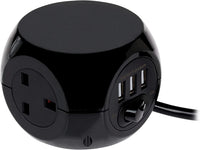 Status 3 Way Cube Socket with 3 USB Ports, Black Compact Extension Adapter with 1.4 Metre Lead for Home Office Travel Use, Space Saving Power Block, (S3B1.4M3XUSB1PK6)