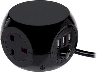 Status 3 Way Cube Socket with 3 USB Ports, Black Compact Extension Adapter with 1.4 Metre Lead for Home Office Travel Use, Space Saving Power Block, (S3B1.4M3XUSB1PK6)