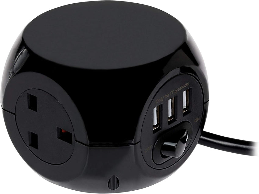 Status 3 Way Cube Socket with 3 USB Ports, Black Compact Extension Adapter with 1.4 Metre Lead for Home Office Travel Use, Space Saving Power Block, (S3B1.4M3XUSB1PK6)