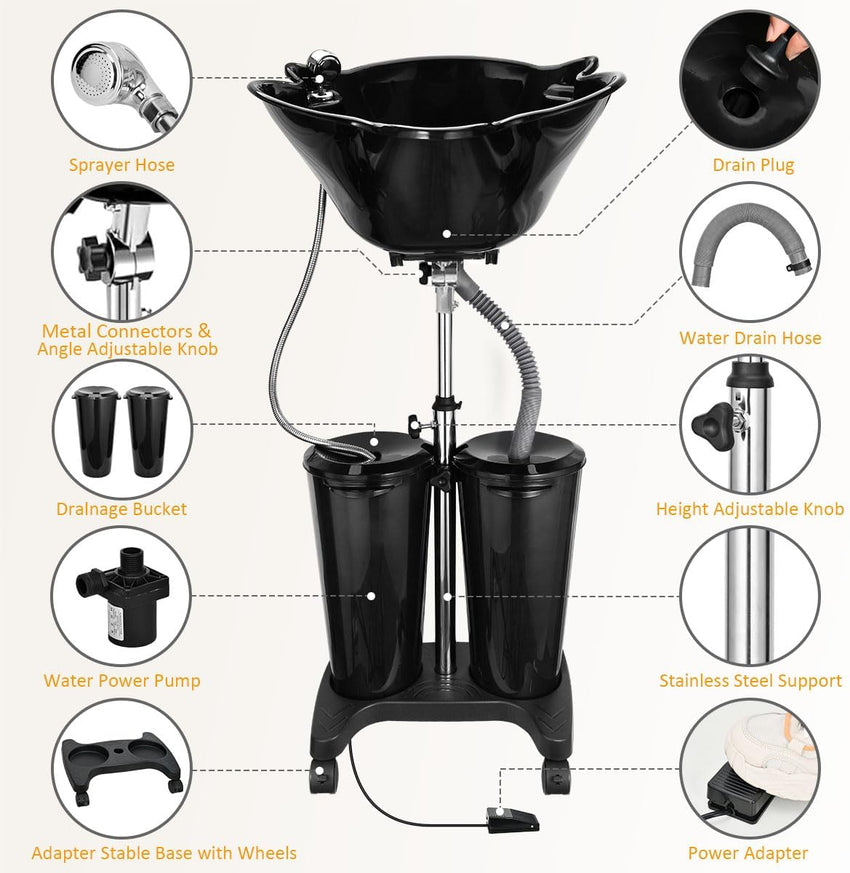 Johgee Portable Salon Basin Shampoo Bowl Sink with Electric Pump, Height Adjustable Portable Hair Washing Basin with 2 Bucket & Drain Hoses, Portable Shampoo Sink for Home Barber Shop Use