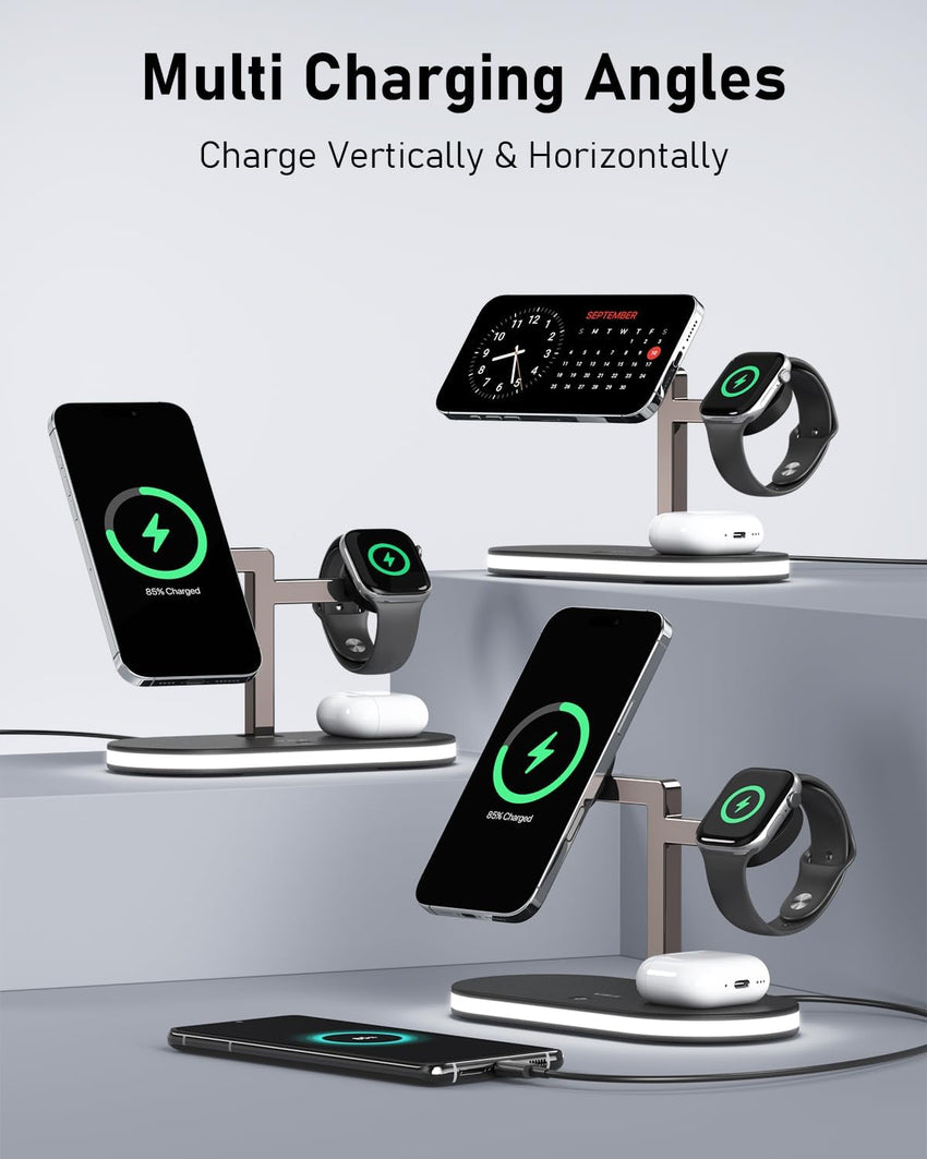 4-in-1 Magnetic Wireless Charging Station for iPhone Apple Watch Earbuds with Night Light Black