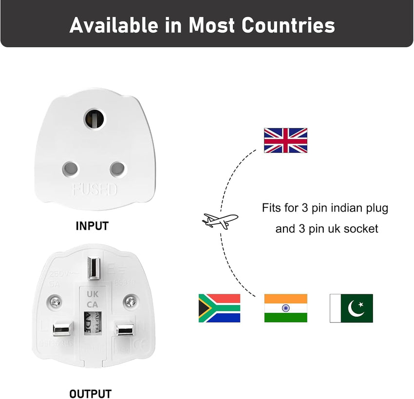 India To UK Adapter, 2PCS India To Uk Plug Adapter For Business Family Travel Outdoor, India To Uk Plug Adapter 3 Pin With 5A Fuse For Business Family Travel Outdoor (White)