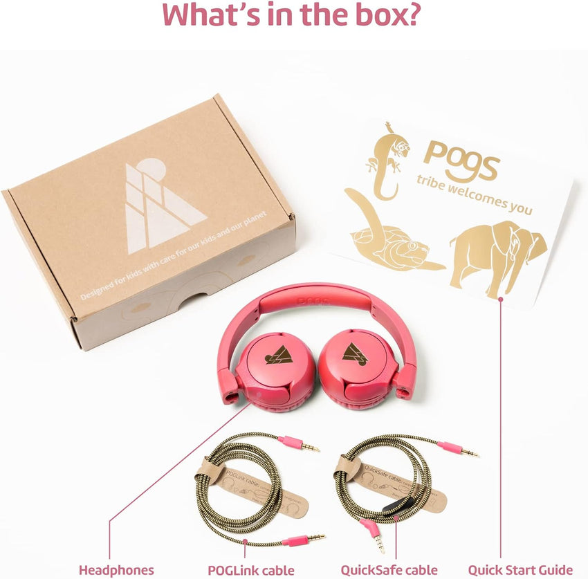 POGS kids headphones | The Elephant | Foldable and robust headphones for kids from 3 years with volume control, microphone, volume limiter 85 dB | Music-sharing function | 1m 3,5mm (pink wired)
