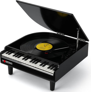 VOSTERIO Bluetooth Record Player with Built-in Speakers, Modern 3-Speed Turntable with USB Playback and Vinyl Recording, Vinyl Player in Piano Design- Black