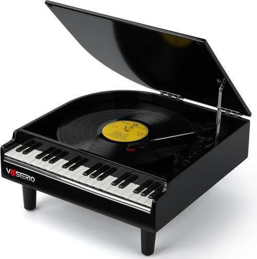 VOSTERIO Bluetooth Record Player with Built-in Speakers, Modern 3-Speed Turntable with USB Playback and Vinyl Recording, Vinyl Player in Piano Design- Black