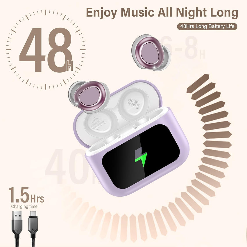 Wireless Sleep Earbuds 48H Battery 5 EQ Modes HiFi Stereo Lightweight Purple