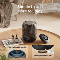 DREO 3L Humidifiers for Bedroom, 30H Runtime, 26 dB Quiet, Black | Easy to Refill & Clean, Precise Humidity Control, Night light, 360Â° Nozzle, Cool Mist Air Humidifier for Large Room, Baby