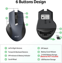 acer Wireless Mouse, INCL Batteries 3 Adjustable DPI Ergonomic Computer Mouse 2.4GHz with USB Receiver, 6 Buttons, Cordless Optical Tracking, Battery Indicator, Portable Mice Wireless for Laptop, PC, Desktop, Mac