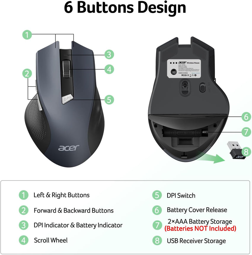 acer Wireless Mouse, INCL Batteries 3 Adjustable DPI Ergonomic Computer Mouse 2.4GHz with USB Receiver, 6 Buttons, Cordless Optical Tracking, Battery Indicator, Portable Mice Wireless for Laptop, PC, Desktop, Mac