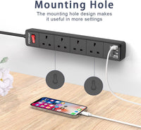 POWSAF Extension Lead with 4 USB Slots (3.4A, 1C and 3A Ports),Power Strip Extension cord with 4 way plug extension Socket and 2M Extension Cable for Home Office Travel holiday essentials,Black