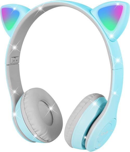AXFEE Bluetooth Kids Headphones, LED Light Up Cat Ear Wired/Wireless Headphone, HD Stereo Sound, Foldable Children Headphone for PC Phone Ipad Study Travel School, Suitable for Girls Boys Gift (Blue)
