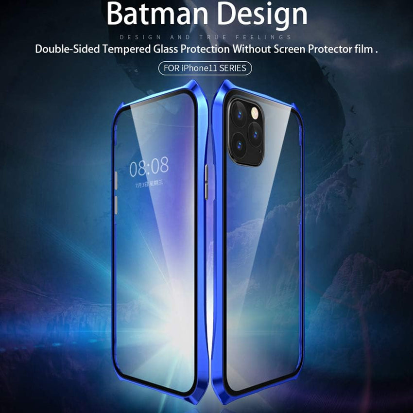 Case for iPhone 11 Pro Magnetic Adsorption Technology Cover Batman style design 9H Front and Back Tempered Glass 360Â° Full Body Shockproof Ultra Thin Metal Bumper - Silver