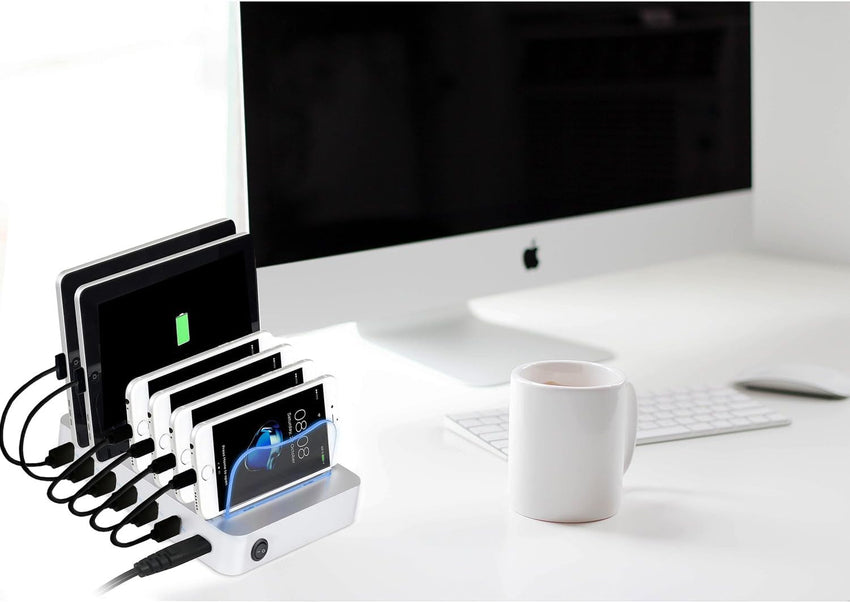 Charging Station 6-Port USB Dock with Cable & Status LEDs Silver