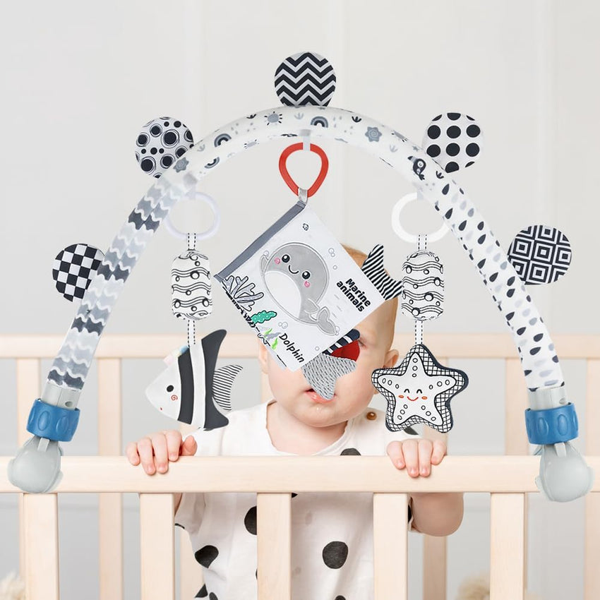Baby Activity Arch Bassinet Toy, Black and White Travel Mobile Toy Bar with Rattle and Book, Strolle,Pram and Cot Attachment with Hanging Toys (Ocean)