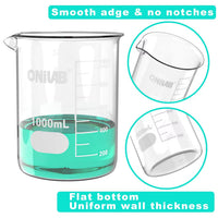 Glass Measuring Beaker Set 4 Pieces 50ml to 1000ml Low Form 3.3 Boro Griffin