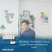 PRO ELEC PELB1949 2 Gang Surge Protected Extension Lead White, 3m