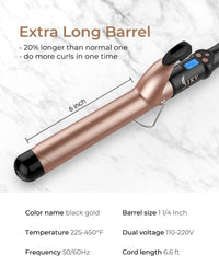 32mm Extra Long Barrel Curling Iron, Ceramic Tourmaline Curling Wand Professional Dual Voltage