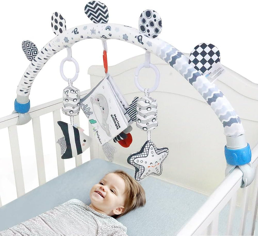 Baby Activity Arch Bassinet Toy, Black and White Travel Mobile Toy Bar with Rattle and Book, Strolle,Pram and Cot Attachment with Hanging Toys (Ocean)