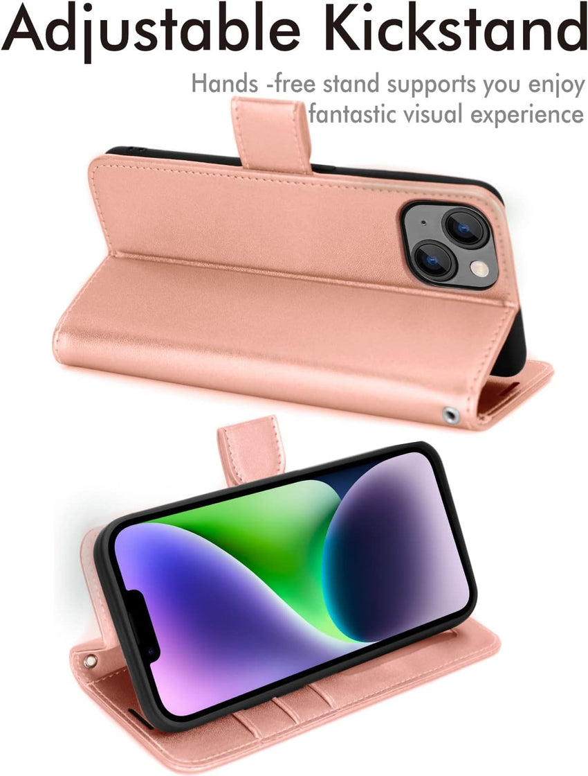TECHGEAR iPhone 14 Leather Wallet Case, Flip Protective Case Cover with Wallet Card Holder, Stand & Wrist Strap - Rose Gold PU Leather with Magnetic Closure for iPhone 14 6.1"