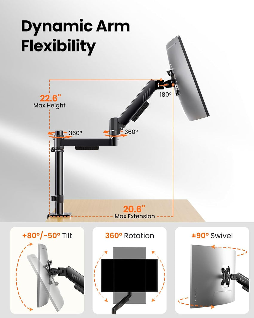 Single Monitor Arm Adjustable Desk Mount Up to 9kg VESA 75/100mm for 13-34" Screens Black 34"