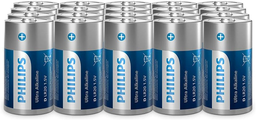 Philips Ultra D Alkaline Batteries, LR20 - High Capacity for Flashlights and Large Devices, Pack of 20