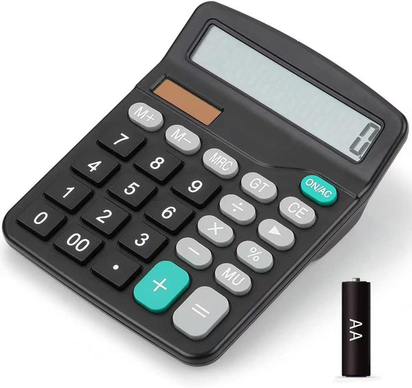 Desktop Calculators Solar & Battery Power 12 Digit Large LCD Display with Included AA Battery Power for Business Office School Home(classic black)