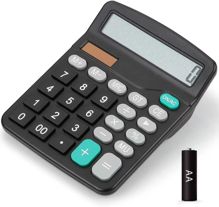 Desktop Calculators Solar & Battery Power 12 Digit Large LCD Display with Included AA Battery Power for Business Office School Home(classic black)