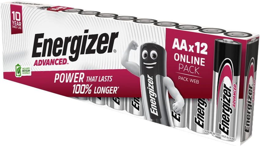 Energizer Advanced - AA Batteries (12 Pack) - Double A Battery 1.5V - Up To 100% Longer Lasting - Ideal for High-Drain Devices - 0% Plastic Packaging - 10 Year Shelf Life [Amazon Exclusive]
