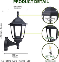 EBION Traditional Outdoor Wall Lantern, IP44 Waterproof Black 2 Pack