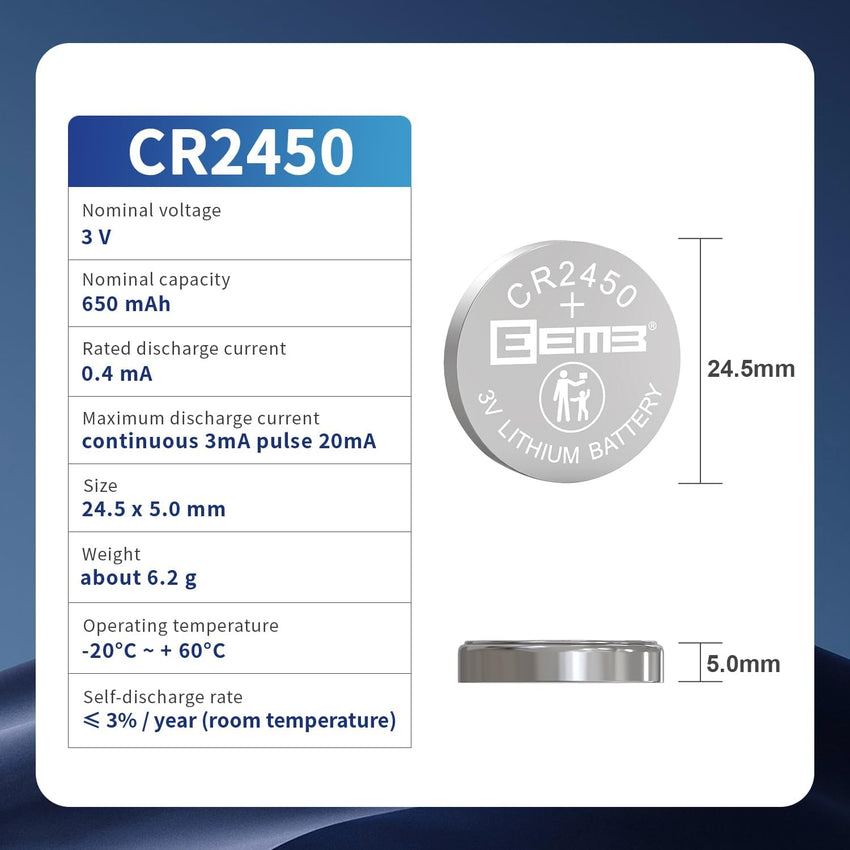 EEMB 5 PACK CR2450 Battery 3V Lithium Battery 2450 Button Coin Cell Batteries DL2450, ECR2450, BR2450 for Watch Tea Lights Votive Candles Alarm System Car Key Fob Remote Control Calculators Toys Games