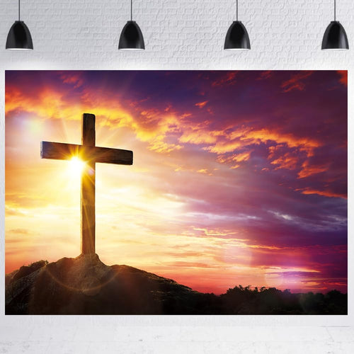 LTDKAEN 7x5ft Cross Jesus Christ Sunset Backdrop Church Party Decoration Easter Religious Belief Studio Photo Props