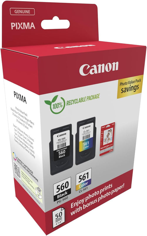 Canon Ink & Paper Multipack - PG-560/CL-561 Genuine Printer Ink Cartridges 2 Pack (1 x Black, 1 x Colour) & 4x6 Photo Paper (50 x Sheets)