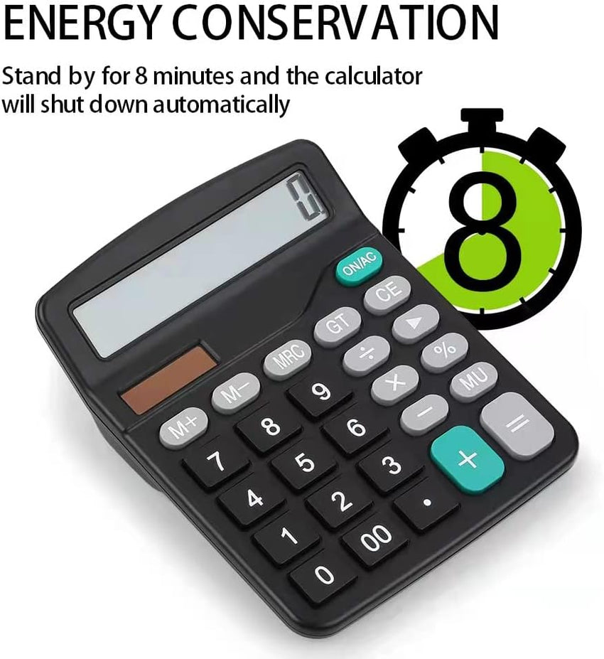 Desktop Calculators Solar & Battery Power 12 Digit Large LCD Display with Included AA Battery Power for Business Office School Home(classic black)