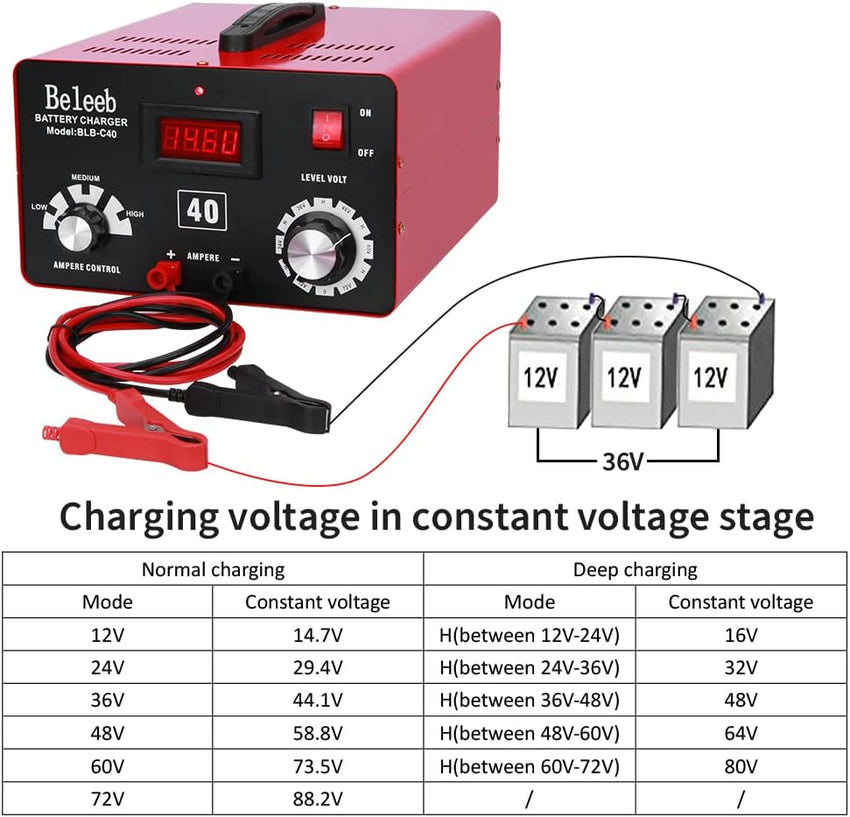 Hugoome Beleeb Series C40 Battery Charger 12V 24V 36V 48V 60V 72V, Pulses of High-Voltage Battery Desulfator Maintainer with Crocodile Clips for Lead-Acid Lithium-ion Batteries