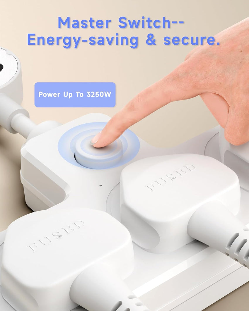 LIPWEL Plug Extension Socket 3 Way Multi Plug Adapter UK Multiplug Socket Extension Lead Surge Protected 1000J Heavy Duty 13A Power Strip Main Switch, Rotating Connector, White