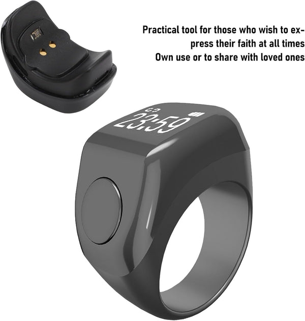 Electronic Finger Counter Smart Tasbeeh Digital Tasbih Vibration Reminder Touch Control 0.42in Screen Black
