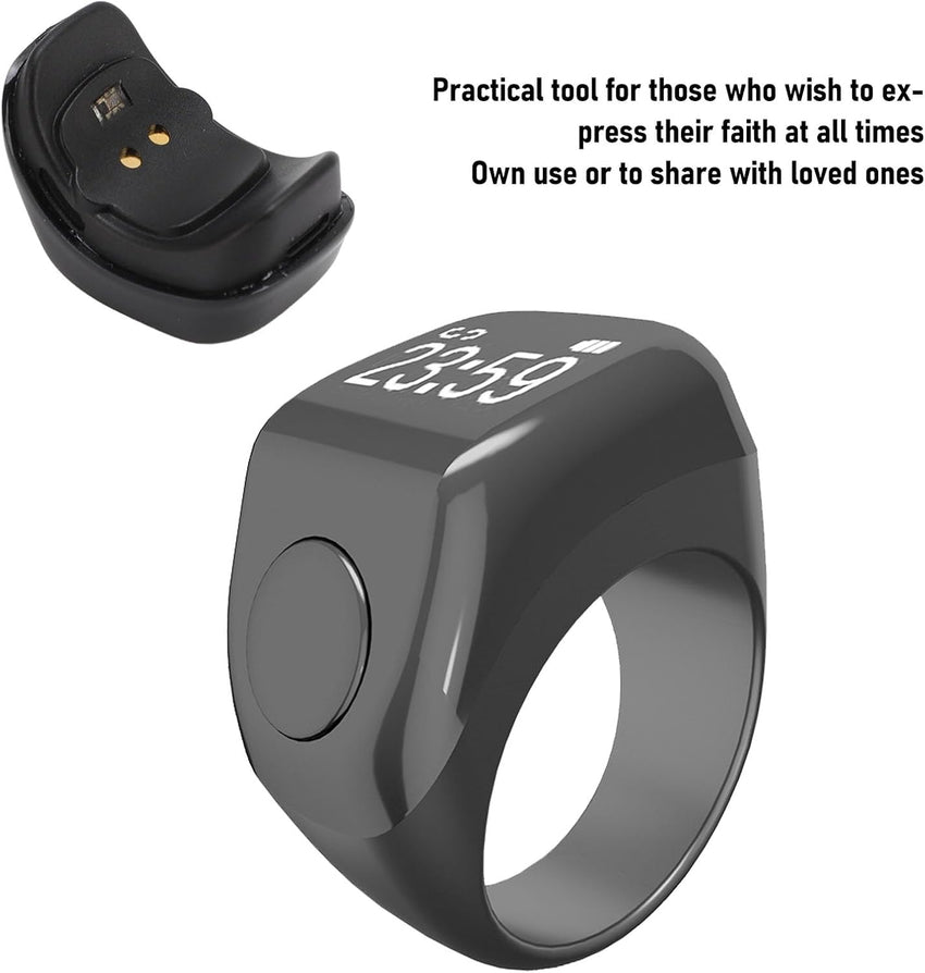 Electronic Finger Counter Smart Tasbeeh Digital Tasbih Vibration Reminder Touch Control 0.42in Screen Black