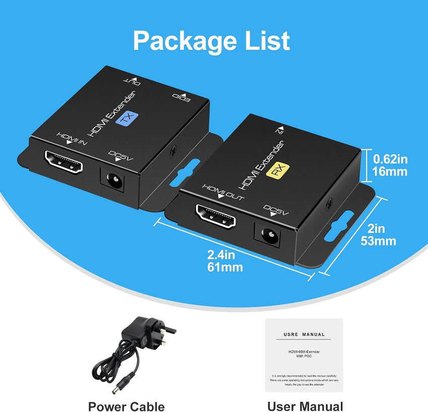 HDMI Extender Over Ethernet Cat5e/6 200ft Transmitter Receiver 1080p@60Hz PoC