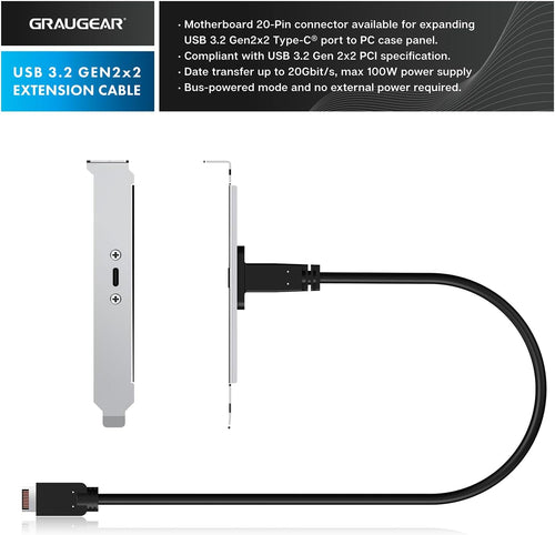 GRAUGEAR 20Gbps USB 3.2 Gen 2x2 USB-C Front Panel Adapter, Motherboard Header Extension Cable, USB-C Female to 20-pin USB Type-E A-Key Male Connector with PCIe Bracket, 19.6 in [G-AD-ETC-10G]