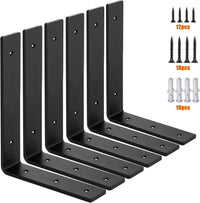 MLOQI 6 Pack Heavy Duty Shelf Brackets, 5mm Thick Scaffold Board L Wall Brackets for Shelves, Black Industrial Shelves Support (10"x6"/25cm x 15cm)