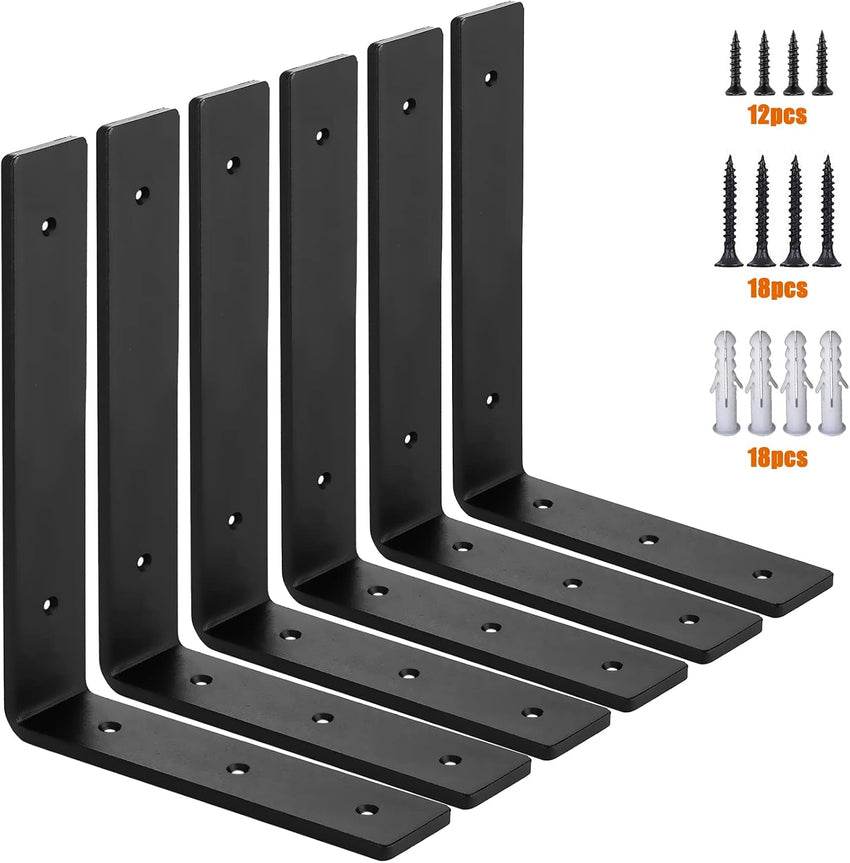 MLOQI 6 Pack Heavy Duty Shelf Brackets, 5mm Thick Scaffold Board L Wall Brackets for Shelves, Black Industrial Shelves Support (10"x6"/25cm x 15cm)