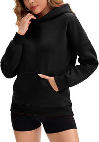 Women's Oversized Thermal Fleece Hoodie Pullover with Pockets Black XL