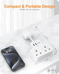 Multi Plug Extension Socket with 4 USB Ports, ANVODE 2 Way Plug Adaptor with Flexible Cable, Short Extension Lead Double Adapter Plug UK for Bedroom, Office, Kitchen. White