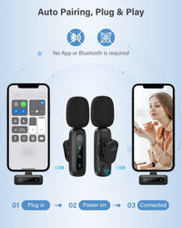 Wireless Lavalier Microphone for iPhone, iPad, Android Phone, 2-Pack Mini Microphone with Noise Reduction, Auto Pairing and Mute & Reverb for Vlogging, Video Recording, TikTok, YouTube - Plug & Play