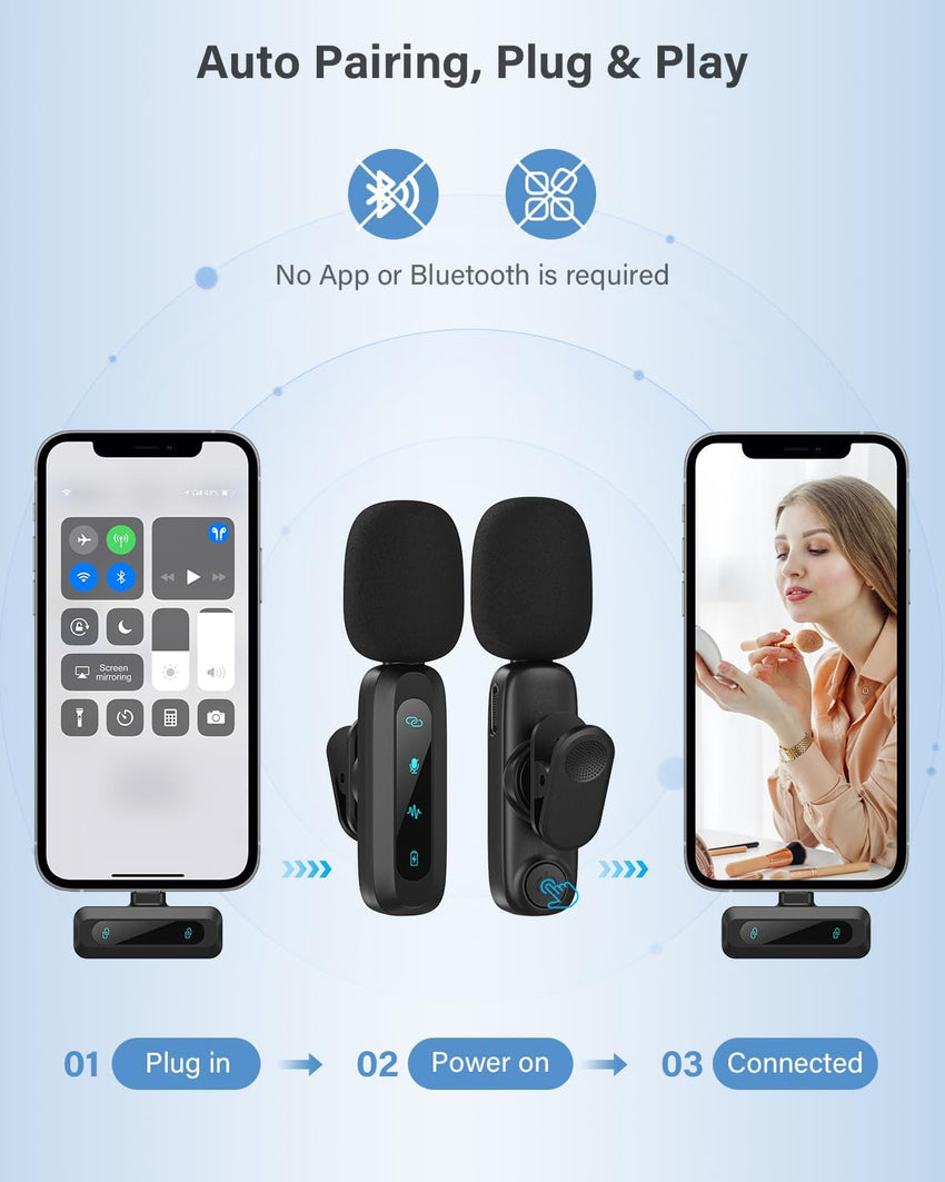 Wireless Lavalier Microphone for iPhone, iPad, Android Phone, 2-Pack Mini Microphone with Noise Reduction, Auto Pairing and Mute & Reverb for Vlogging, Video Recording, TikTok, YouTube - Plug & Play