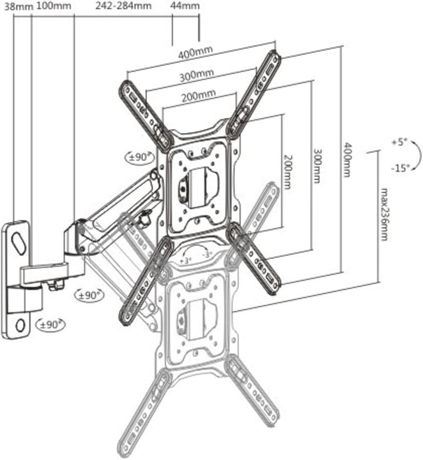 ProperAV Gas Spring Swing Arm Monitor & TV Wall Bracket 23'' 24" 28" 32" 37" 40" 42" 43" 46" 49" 55" VESA Max 400x400 Black