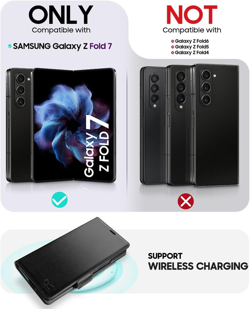 Samsung Galaxy Z Fold 7 Wallet Case PU Leather Flip Folio Cover Black