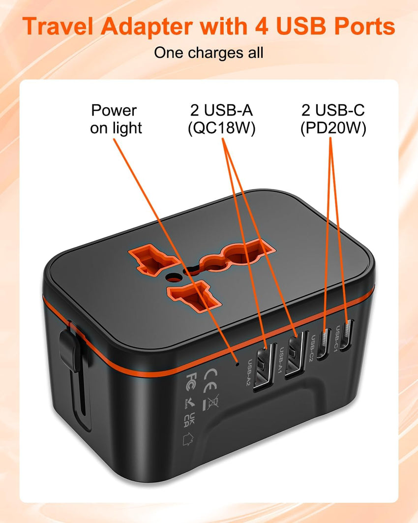 Universal Travel Adapter Worldwide with 2 USB C and 2 USB A Ports, International Travel Plug Adapter Worldwide USB Travel Adaptor All in One Universal Charger Power Adapter for European EU US UK AUS