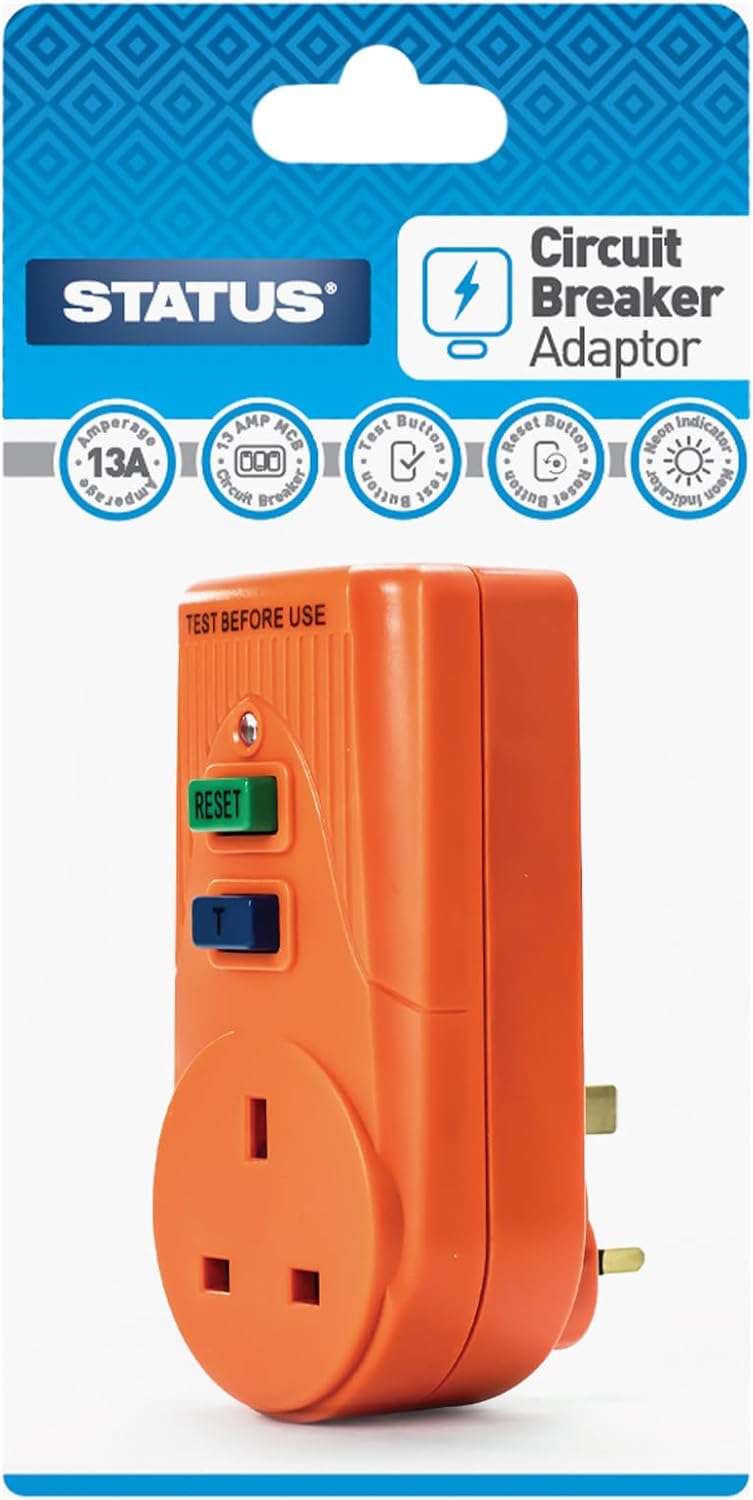 STATUS Orange Circuit Breaker | 13A UK Plug RCD Socket Adapter | SRCDORX3